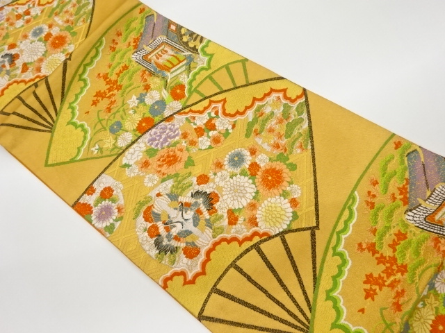 JAPANESE KIMONO / VINTAGE FUKURO OBI / WOVEN CRANES & FLOWERS WITH CARRIAGE